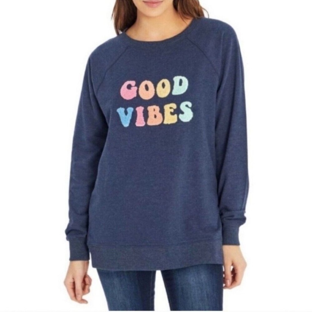 Wildfox Blue French Terry Rainbow Good Vibes Crewneck Size Medium